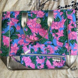 Lilly Pulitzer Floral And Giraffe Print Tote Bag And Matching Pencil Bag